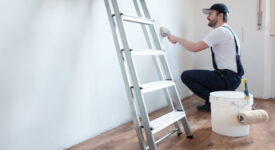 Professional painter worker is painting a wall