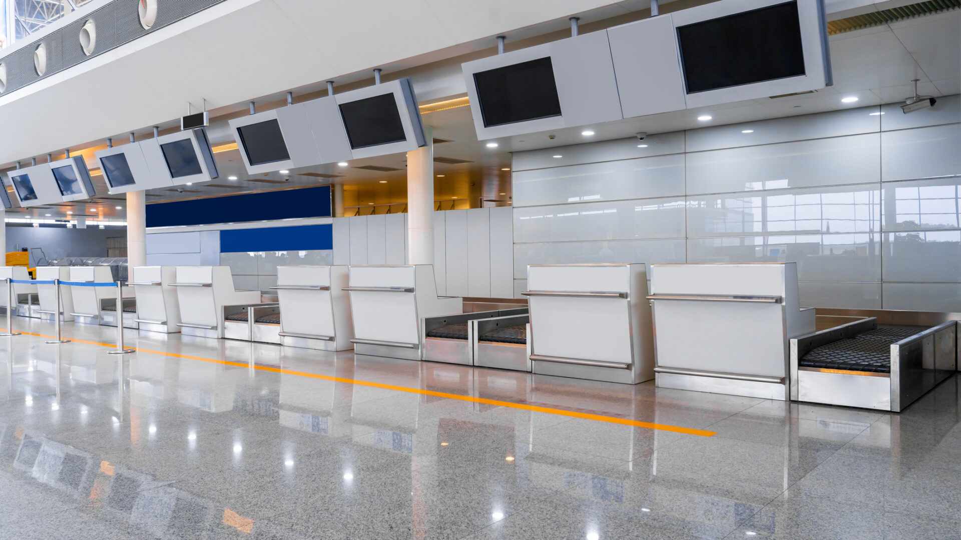 Chrome interior elements in the airport terminal