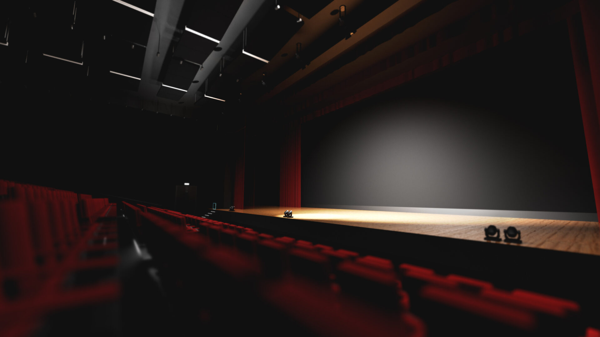 Theatre with empty stage in spotlight. Red theater curtain and seats. 3D illustration