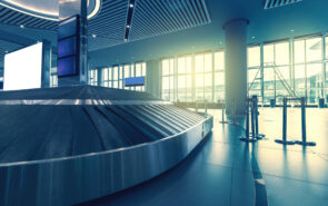 Baggage carousel at arrival airport hall, empty transporter tape, moving luggage belt, copy space with window sunlight background